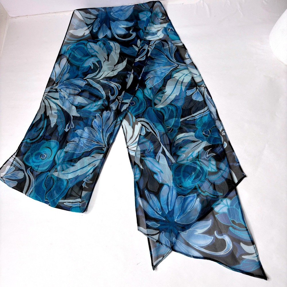 VTG Blue Floral Sheer Chiffon Scarf‎ Long Lightweight Retro Flowers Whimsigoth